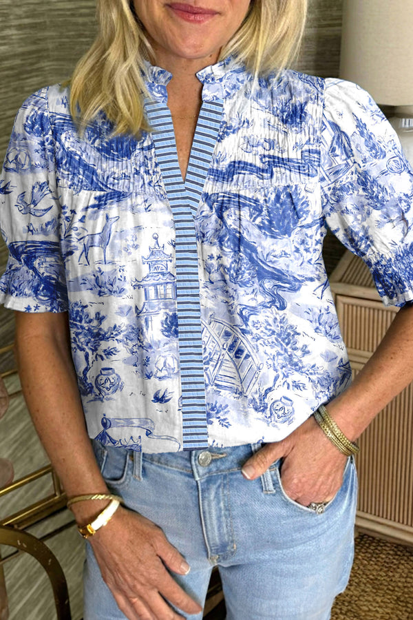 Blue Wild Animal Paradise Striped Detail V Neck Blouse